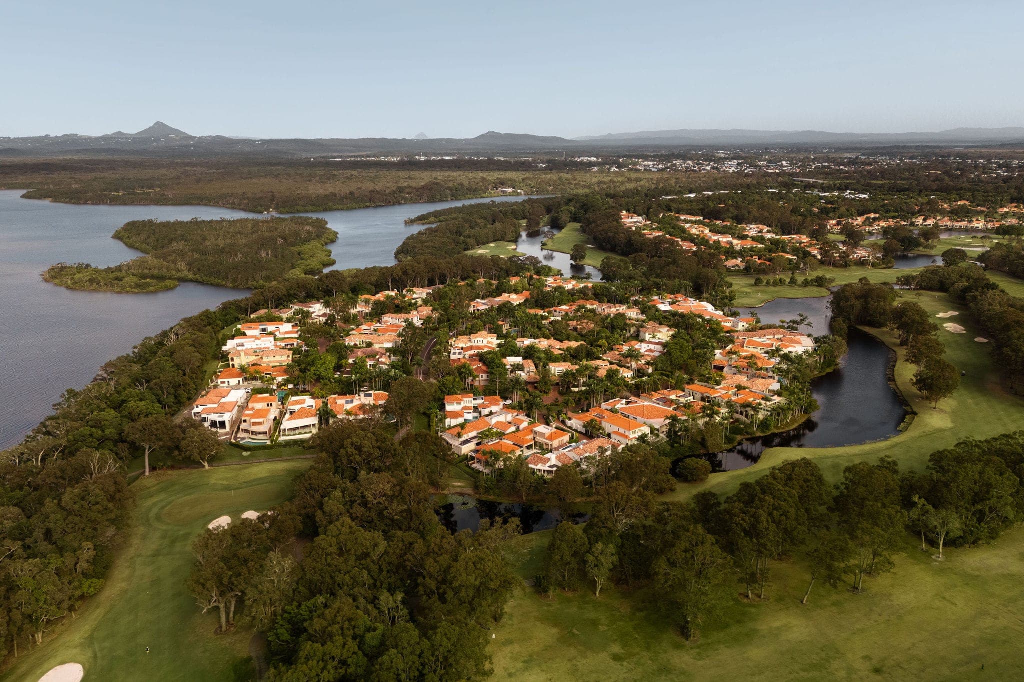 Aerial view of Noosa Heads with lakes and bushland